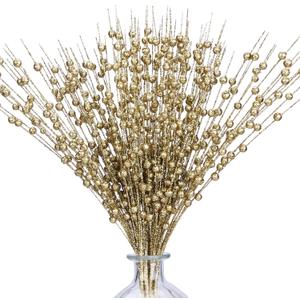 10 Pack Golden Artificial Glitter Berry Stems 15.7" Fake Christmas Picks Decorative Glitter Sticks for Christmas Tree DIY Wreath Crafts Fireplace Decor