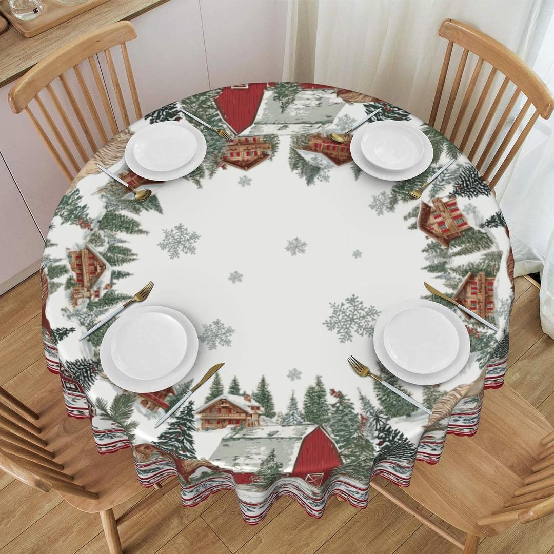 Snow Round Tablecloth 60 Inch Polyester Washable Table Cover Home Decor for Kitchen Dining Party Picnic
