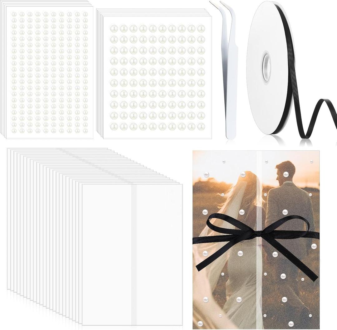 Faccito 50 Pcs Vellum Jackets for 5x7 Invitations Wedding Invitation Accessories Kit Pre Folded Vellum Paper, 1 Roll Ribbon, Pearls Stickers Tweezer, Envelope Liners 5x7 Inserts for Wedding (Simple)