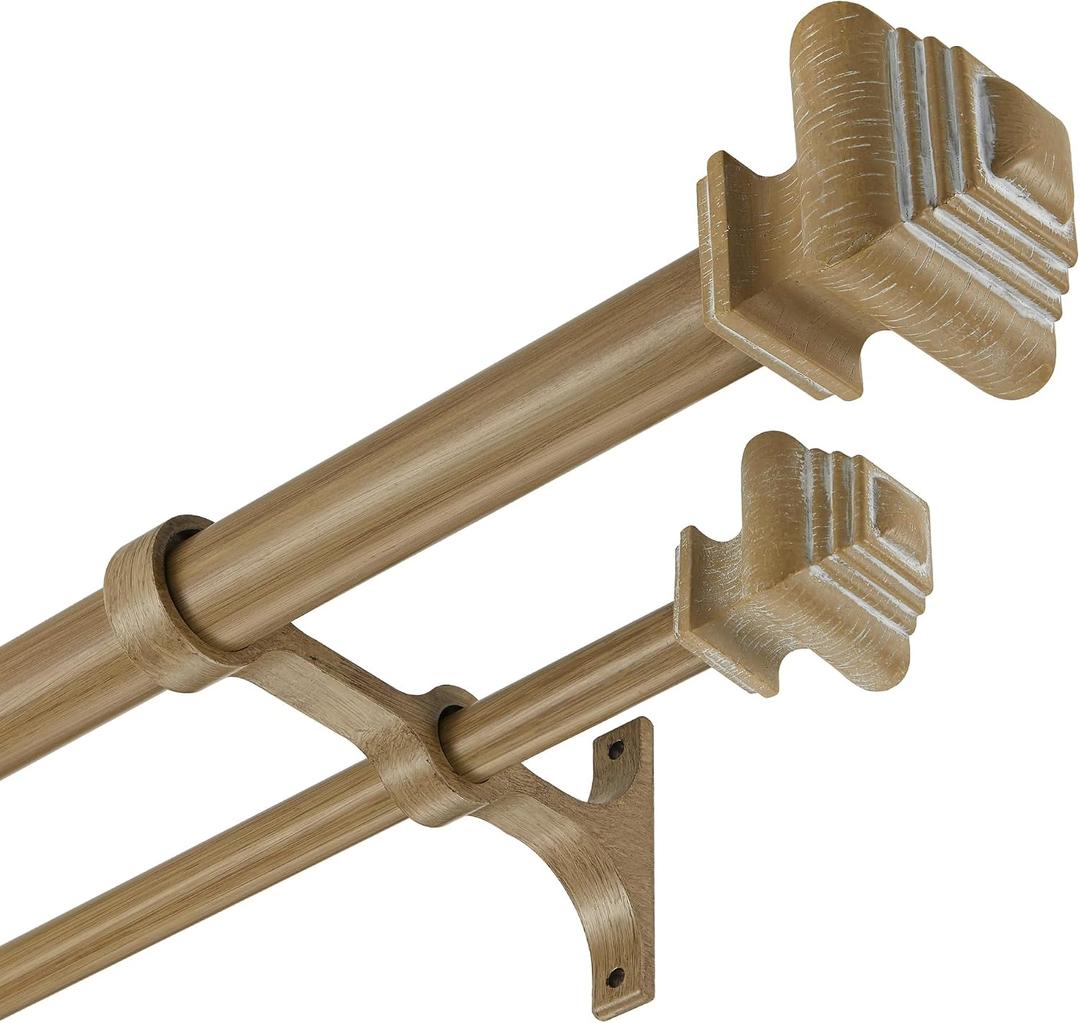 Double Curtain Rods for Windows 36 to 72 Inches, Heavy Duty Double Curtain Rod with Square Retro Finials and Double Aluminum Bracket, Adjustable Double Rod for Curtains,Weathered Oak