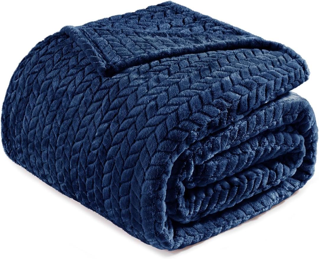 Exclusivo Mezcla Fleece Queen Size Blanket for Bed, 90x90 Inches Soft Cozy Jacquard Flannel Blankets, Lightweight Fuzzy Plush Warm for Women, Navy Blue