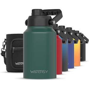 WATERSY Half Gallon Water Bottle Insulated(Cold for 48 Hrs),BPA Free&Leak Proof,64oz Stainless Steel Water Jug/Flask,Big thermo,Large Water Bottle with Handle for Gym,Hiking,Camping,Dark Green
