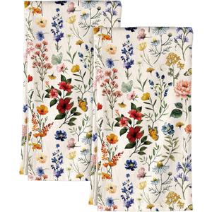 Flour Sack Kitchen Towels - Set of 2 Spring Dish Towels with Hanging Loop 18x26 Inch Absorbent Reusable Cotton Cloths for Cleaning Cute Design Home Decorative Housewarming, Vintage Flower
