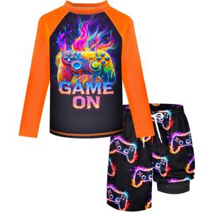 Boys 2 Piece Rash Guard Swimsuit Long Sleeve Swim Shirt and Trunks Quick Dry Black Bathing Suit Game Console Set Size 12-14