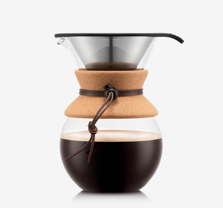 Bodum 34oz Pour Over Coffee Maker, HighHeat Borosilicate Glass with Reusable Stainless Steel Filter and Cork Grip  Made in Portugal