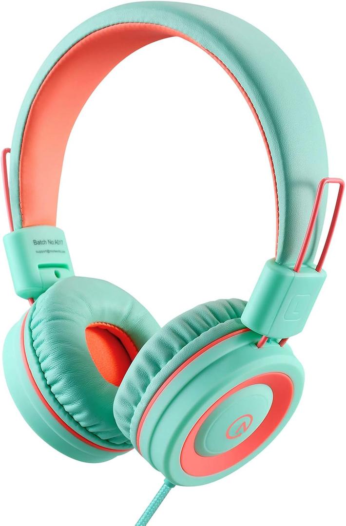 noot products Kids Headphones K11 Foldable Stereo Tangle-Free 5ft Long Cord 3.5mm Jack Plug in Wired On-Ear Headset for iPad/Amazon Kindle,Fire/Boys/Girls/School/Tablet/Laptop(Mint/Coral)