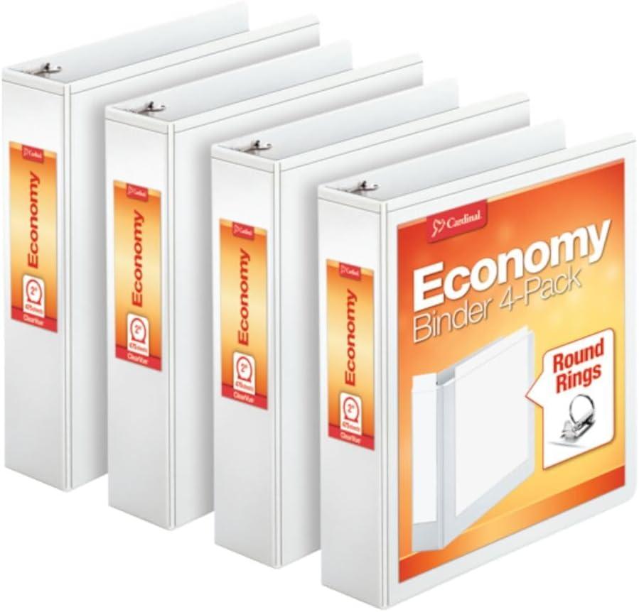 Cardinal 2 Inch 3 Ring Binders, White, 4 Pack, Round Ring Binder, Holds 475 Sheets, PVC Free, Customizable Covers, 2 Pocket View Binders for Office and School Organization