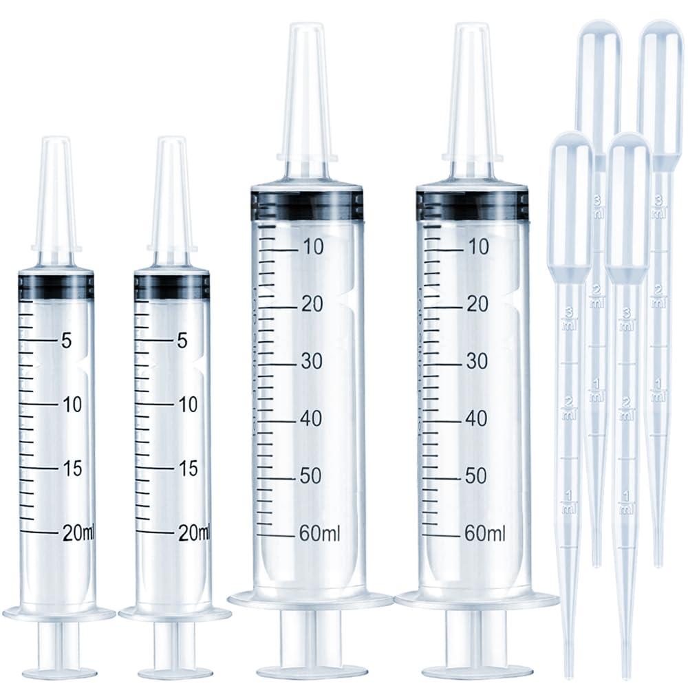 4 Pack Large Syringes for Liquid, 20ml & 60ml Plastic Syringe for Measuring, Lip Gloss TKP Lipgloss Base Flavoring Oil Food Oral Medicine Injection Feeding- with Tip Cap and Pipettes