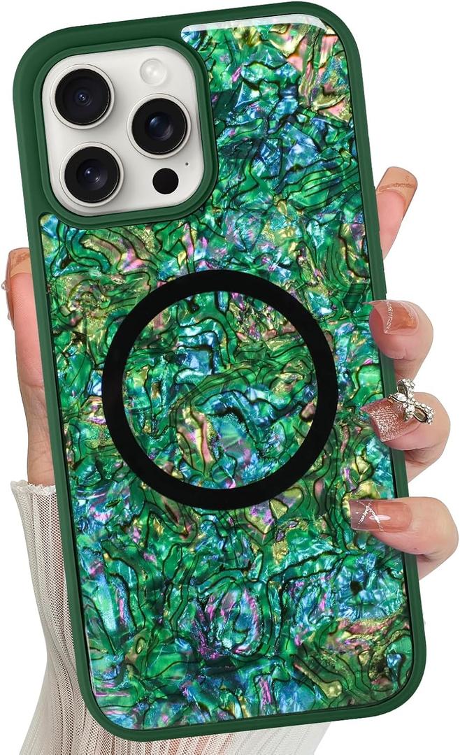 Magnetic for iPhone 14 Pro Max Case Abalone Shell, Emerald Green | Cute Sparkle Mother of Pearl Design, Compatible with MagSafe, Shockproof Protective Phone Cover