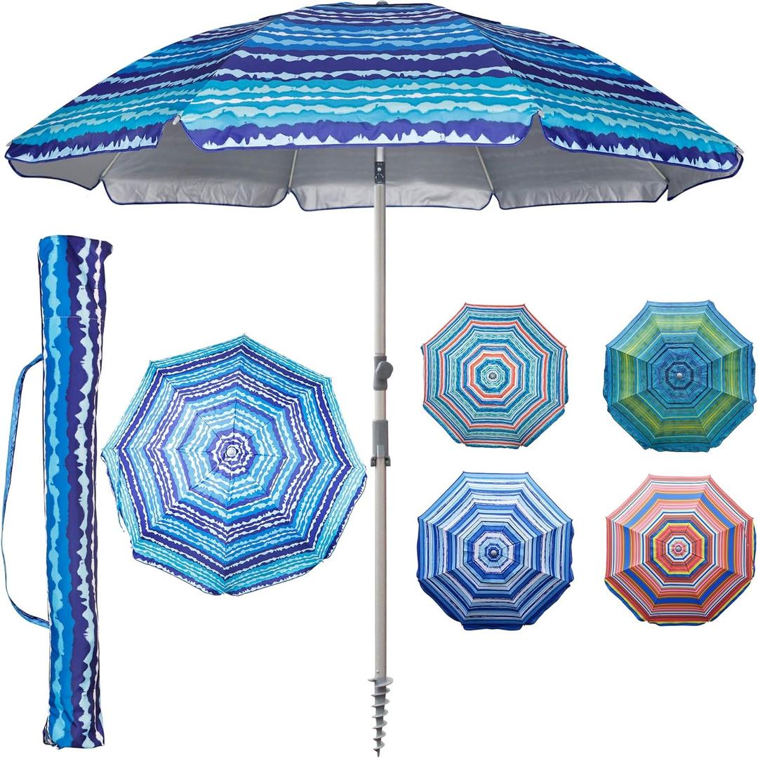Blissun 7.2' Beach Umbrella with Sand Anchor, Outdoor Portable Beach Umbrella for Sand with Tilt Pole, Carry Bag, Air Vent (Blue)
