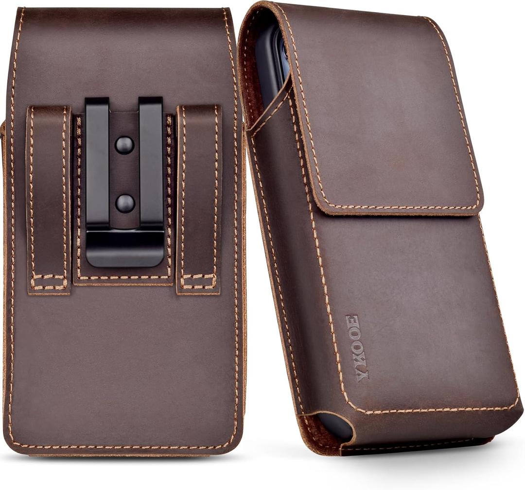 ykooe Genuine Leather Phone Holster Compatible with iPhone 16 15 14 13 12 & Pro Models, Galaxy S25 S24 S23 S22 -Belt Clip and Magnetic Closure, Dark Brown, L