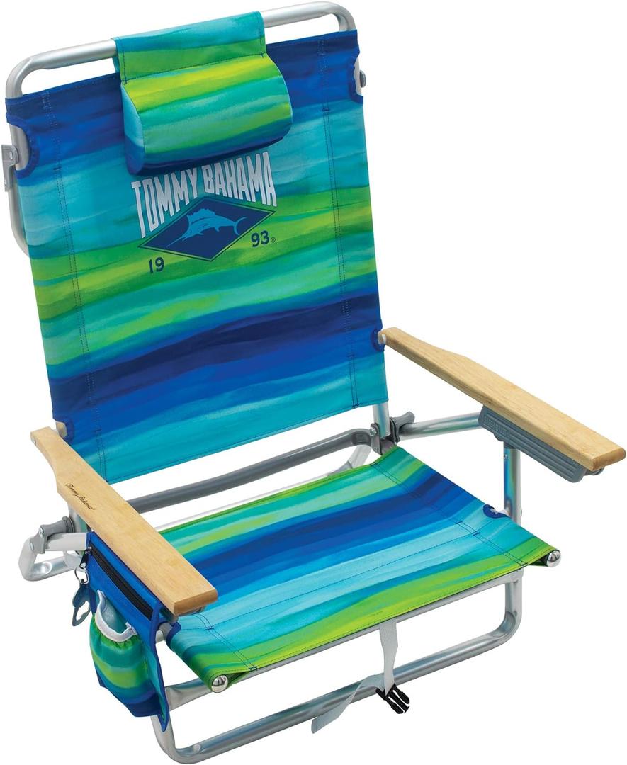 Tommy Bahama 5-Position Classic Lay Flat Folding Backpack Beach Chair, Blue and Green Stripe, 23" x 25.25" x 31.5"