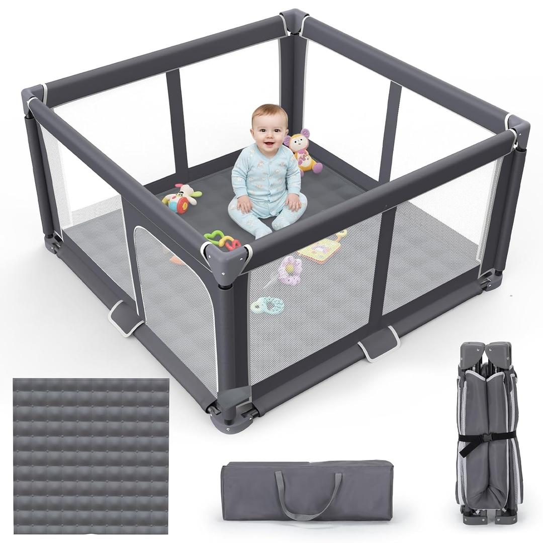 Foldable Baby Playpen with Mat, 50"x50" Safety Play Yard for Babies & Toddlers - Indoor & Outdoor Use with Carry Bag - Collapsible, Portable Play Yard, Dark Gray