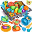 Play Dishes for Kids Kitchen, 54PCS Food Toys Play Food for Kids Kitchen Including Play Dishes Pots, Pans & Pretend Food Pretend Toys for Toddlers