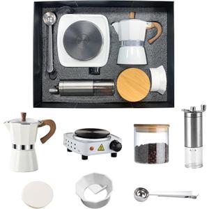 KAIREDDIS 7-in-1 Moka Pot Espresso Set, Italian Classic Stovetop Coffee Maker with Hand Grinder, Electric Stove, Spoon, Sealing Canister, Suitable for Holiday Gifts, Travel, Family Gatherings, White