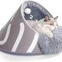 BurgeonNest 20-Inch Round Cat Bed Cave, Enclosed Hooded Pet House for Indoor Kittens, Anti-Collapse EVA Shell with Cord Access for Heating Pad, Washable Soft Plush, Grey
