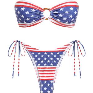 ZAFUL Women's Bandeau Bikini Strapless O Ring Textured Two Piece Swimsuit | Bikini Sets For Women, Lace, Tie Back, Sexy, Cheeky High Cut, Tie Side, Thong, Low Waisted, Bathing Suits (M)