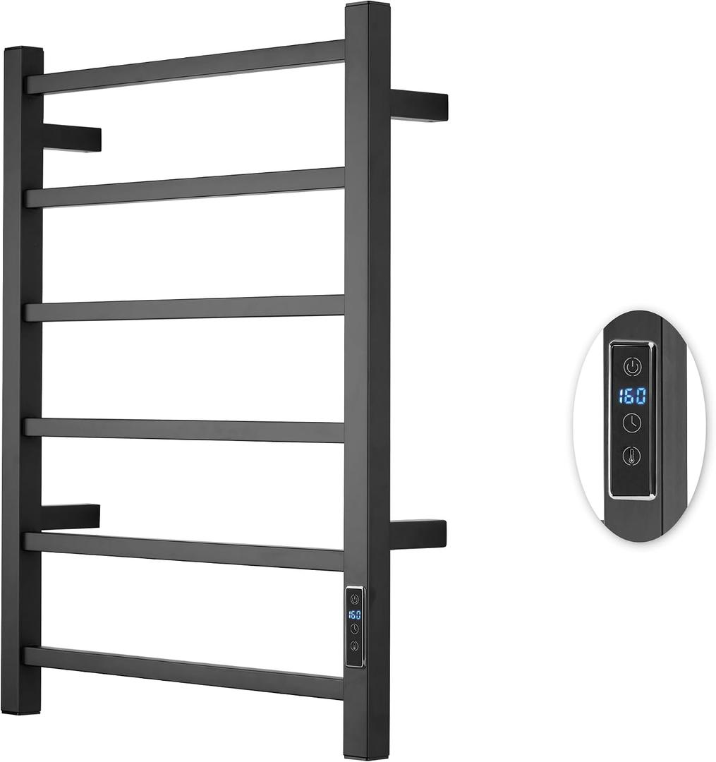 Heated Towel Racks for Bathroom, Wall Mounted Electric Towel Warmer Racks with Timer & Temperature Control, 6 Bar Stainless Steel Towel Heater for Bathroom, Matte Black, Plug-in