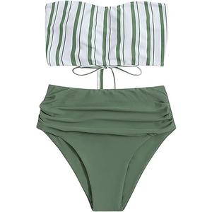 SweatyRocks Women's Bathing Suits Striped Bandeau Bikini high Waisted Swimsuits Swimwear Set Medium