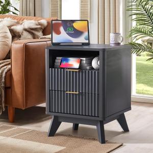 Fluted Nightstand - 24" Modern Bedside Table w/ 2 Drawers, Wood Bed Side End Table with Open Shelf, Night Stand with Storage Drawer, Curved Design Night Stands for Bedroom Living Room (Black)