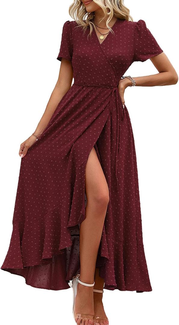 PRETTYGARDEN Women's Summer Wrap Maxi Dress Casual Boho Floral V Neck Short Sleeve Ruffle Hem Split Beach Long Dresses (Z_Wine Red, Medium)