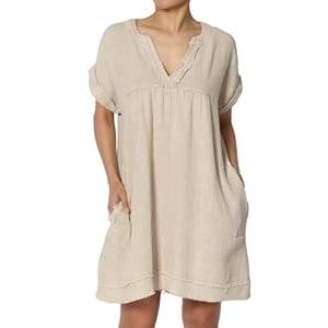 TheMogan Women's Casual Washed Gauze Short Sleeve V Neck Cotton Babydoll Loose Shift Mini Dress Ash Mocha M