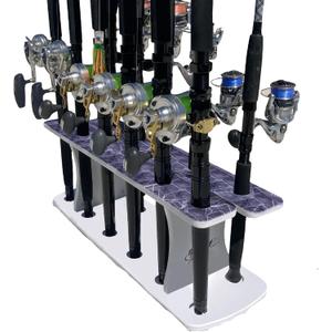 Rush Creek Creations Reel Salty Gray/White/Blue 11-Rod Marine Grade Fishing Rod Holder - Bi-Level Design, UV-Resistant, 100% Waterproof for Garage and Dock