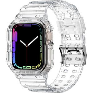 amBand Compatible for Apple Watch Band 45mm 44mm 42mm with Bumper Case, Crystal Cute Women Strap for iWatch SE(3/2/1) Series 9 8 7 6 5 4 3 2, Sport Transparent Jelly Protective Cases Protector, Clear