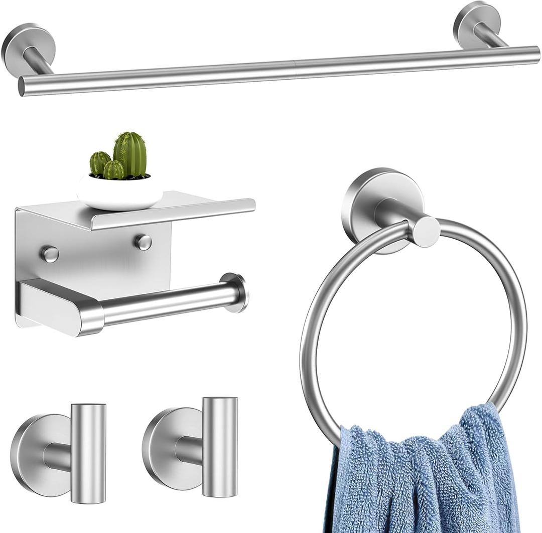 5-Piece Brushed Nickel Towel Bar Set Bathroom Hardware Set Includes Multi-Purpose Toilet Paper Holder 23.6in Towel Bar Towel Ring Towel Hooks Stainless Steel Wall-Mounted Bathroom Accessories