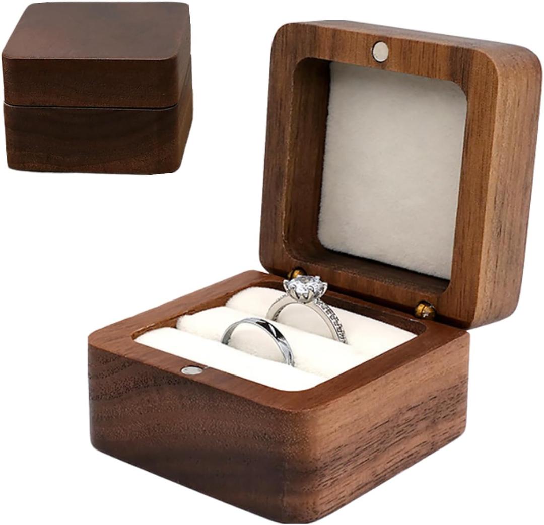 Wedding Ring Box for Proposal Ceremony Engagement Ring Holder for Wedding Day Handmade Wooden Rustic Ring Storage Box Christmas Gift (Square)