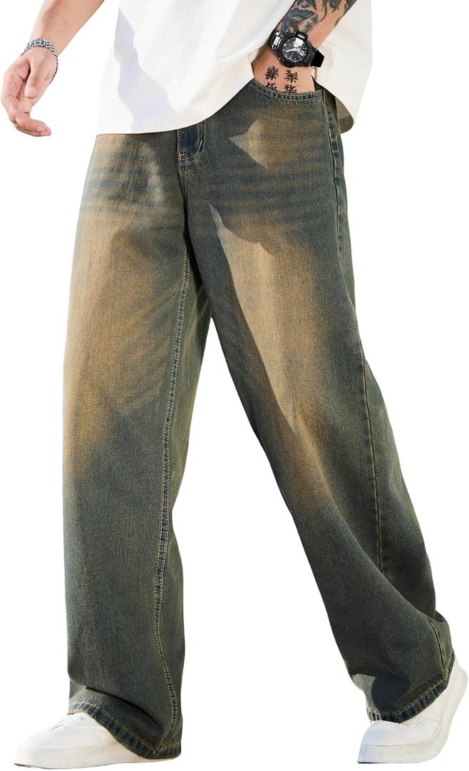 Men's Baggy Jeans Y2K Vintage Wide Leg Denim Pants Hip Hop Skater Jeans Loose Fit Trousers 2000s Streetwear (Blue, S)