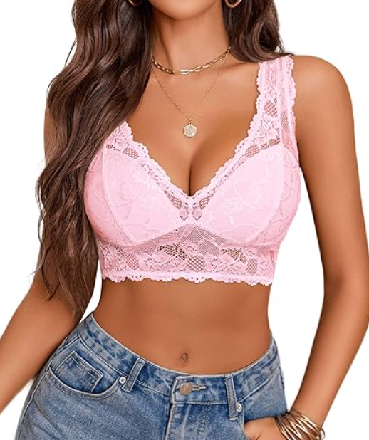 Avidlove Bralettes for Women Lace Bra Longline Bralette Deep V Triangle Sexy Everyday Lingerie Bras Non Padded (Pink) XL