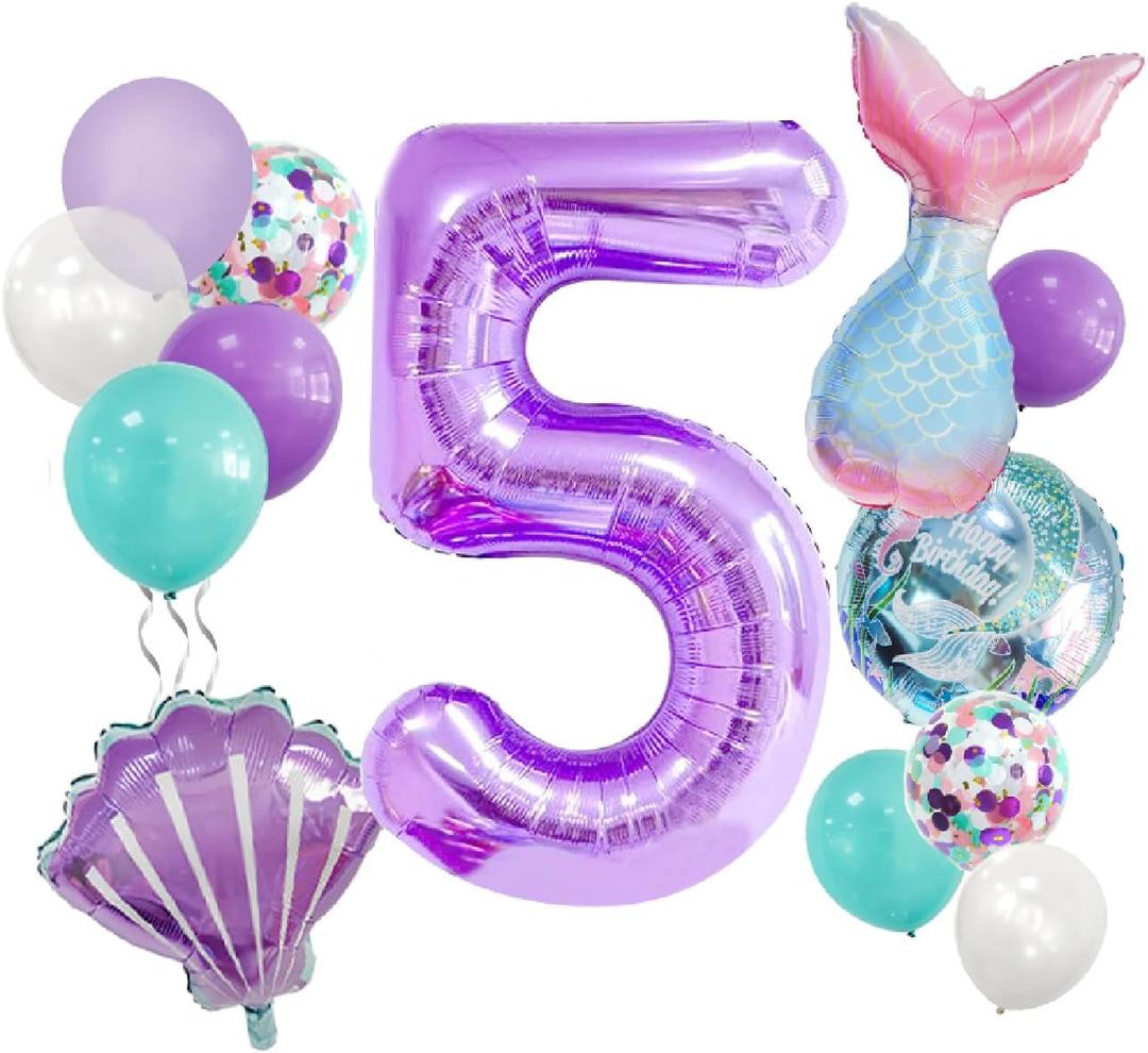 5th Mermaid Birthday Decorations, Number 5 Balloons, 13 Pcs Mermaid Balloons for 5th Birthday Decorations