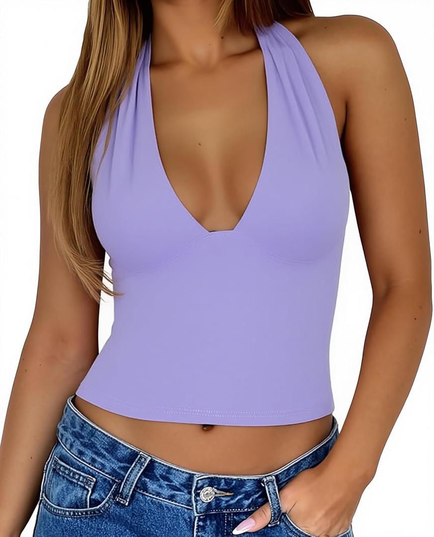 EMMIOL Women Halter Going Out Tops Sexy Deep V Neck Blackless Sleeveless Open Back Crop Tank Top Y2K Coquette Clothes Purple S