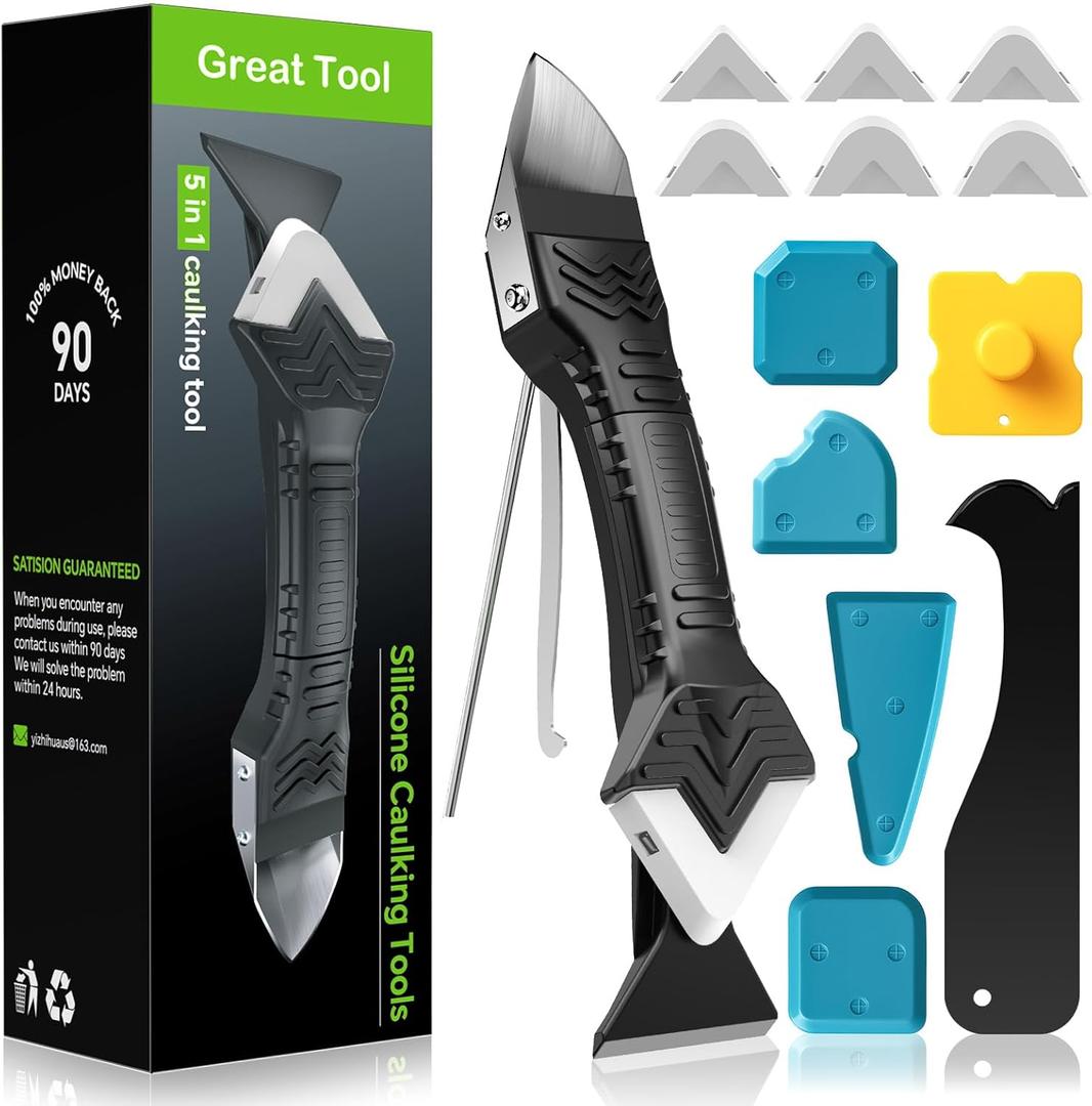 Silicone Caulking Tool, 5 in 1 Caulking Sealant Finishing Tool with Grout Scraper, 6 Exchange Silicone Pads, Adhesive Residue Scraper Seam Repair Kit for Kitchen Bathroom (White)