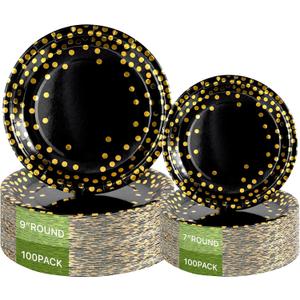 Lullaby 200PCS Black Paper Plates, Black and Gold Paper Plates, 100pcs Dinner Plates 9"100pcs Dessert Plates 7", Disposable Graduation Plates with Golden Dot for Birthday party, Halloween