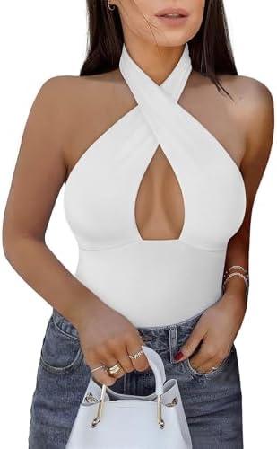 REORIA Butsmooth® Women's Trendy Sexy Criss Cross Halter Neck Sleeveless Thong Bodysuits Tops Clubwear, Large