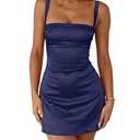 Vidiva Womens Sexy Elegant Satin Sleeveless Square Neck Adjustable Straps Lace Up Corset Mini Dresses for Party Cocktail Birthday Wedding Guest Navy Blue Small