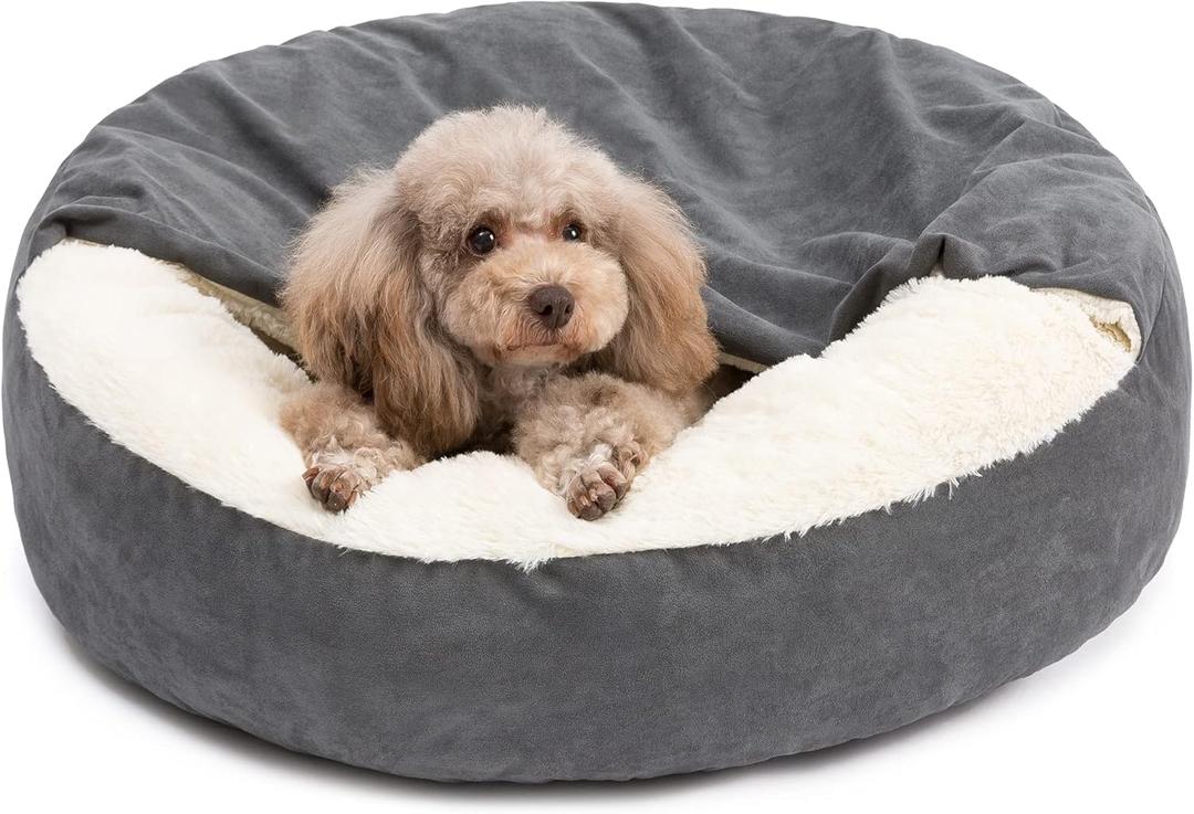 Small Dog Bed for Extra Small Dogs Up to 20lbs - Washable Burrow Puppy Beds with Blanket Attached - Covered Dog Cave Bed with Anti-Slip Bottom - Charcoal Gray, 24"