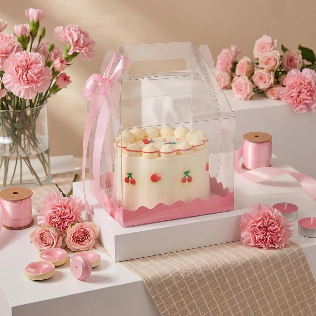 Novabright 15 Pcs Clear Cake Boxes 6 x 6 x 8 Inch Valentines Clear Gift Boxes with Pink Ribbon Small Transparent Cake Containers for Desserts, Cookies Gift Box for Valentines, Birthday, Wedding, Party