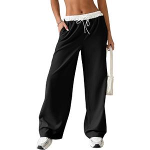 SOLY HUX Women's Drawstring Elastic Waist Wide Leg Pants Color Block Long Pants with Pockets (Black, M)