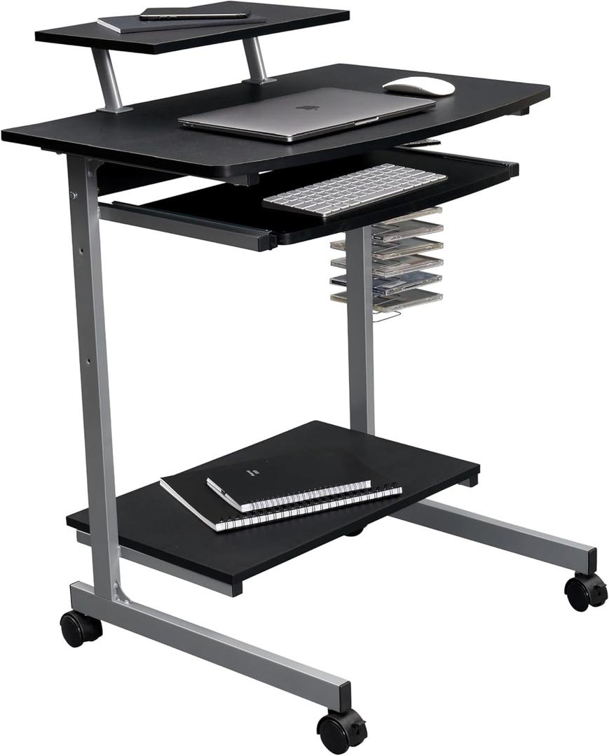Rolling Mobile Computer Desk/Cart with Storage Shelves, Rolling Working Station for Small Spaces, Printer Shelf (Graphite)