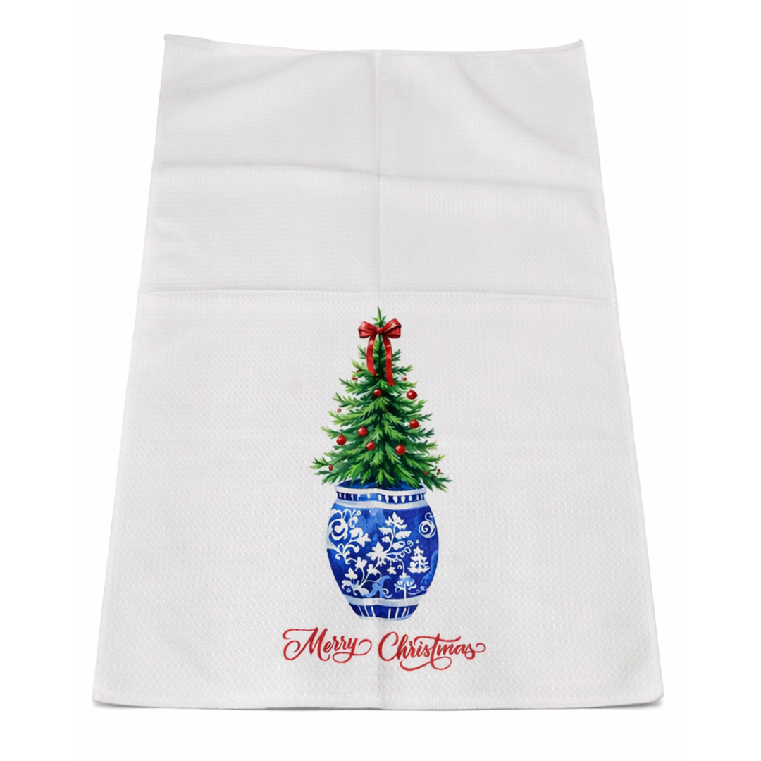 OTOUO Chinoiserie Christmas Kitchen Towels, Blue and White Chinoiserie Decor Christmas Tree Hand Towels, Coquette Red Bow Christmas Dish Towels Tea Towels, Grandmillennial Home Decor, 16x24 Inch Pack of 2