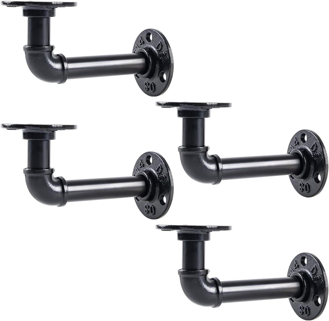Industrial Pipe Shelf Brackets for 8 10 12 14 inches Board, Iron L Pipe Floating Shelves, Heavy Duty Metal Shelving Brackets -4 Pack Black