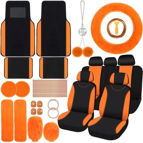 Woanger 47 Car Seat Cover Full Set for Women Included Car Front Rear Seat Fluffy Steering Wheel Cover Belt Automotive Floor Mats Air Conditioner Decoration Strip Universal