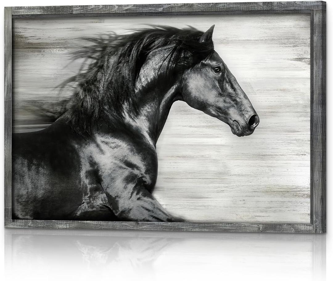 Running Horse Wall Art Framed - Black White Wildlife Prints Wild Animal Portrait Picture Painting Wooden Artwork Decor for Living Room (36"L x 24"W)
