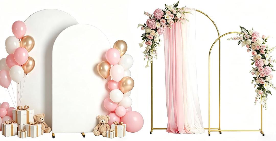 Arch Backdrop Stand and Cover Set 7.2FT/6FT, Gold Wedding Arch Frame with White Arch Cover Stretchy Spandex Wrinkle-Resistant, Wedding Arches for Ceremony Birthday Party Baby Shower