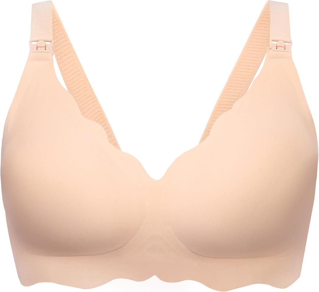 Angelhood Nursing Bras for Breastfeeding Ultra Comfort Seamless Maternity Bra Wireless Pregnancy Bralette with Extra Extender (Large, Beige)