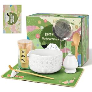 Matcha Whisk Set, 7 Pcs Matcha Making Kit with Matcha Bowl, Matcha Whisk and Holder, Bamboo Scoop, Scoop Rest, Sifter and Tea TowelGifts for Christmas Birthday (White)