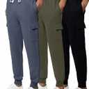 3 Pack: Men's Cotton Fleece Cargo Jogger Sweatpants with Pockets (L)